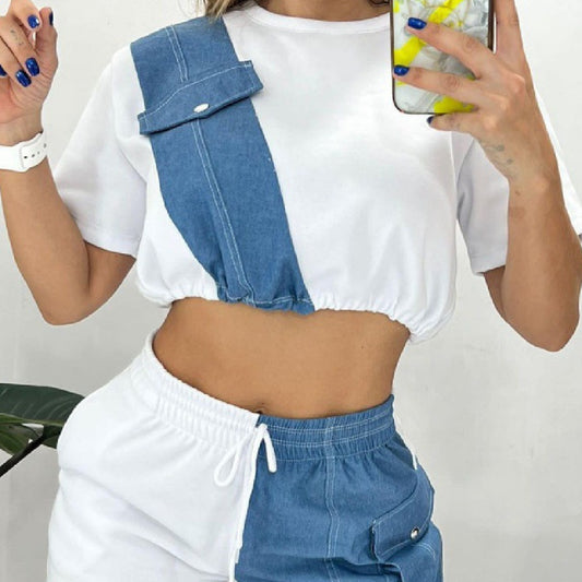 Summer New Women's Denim Stitching Suit