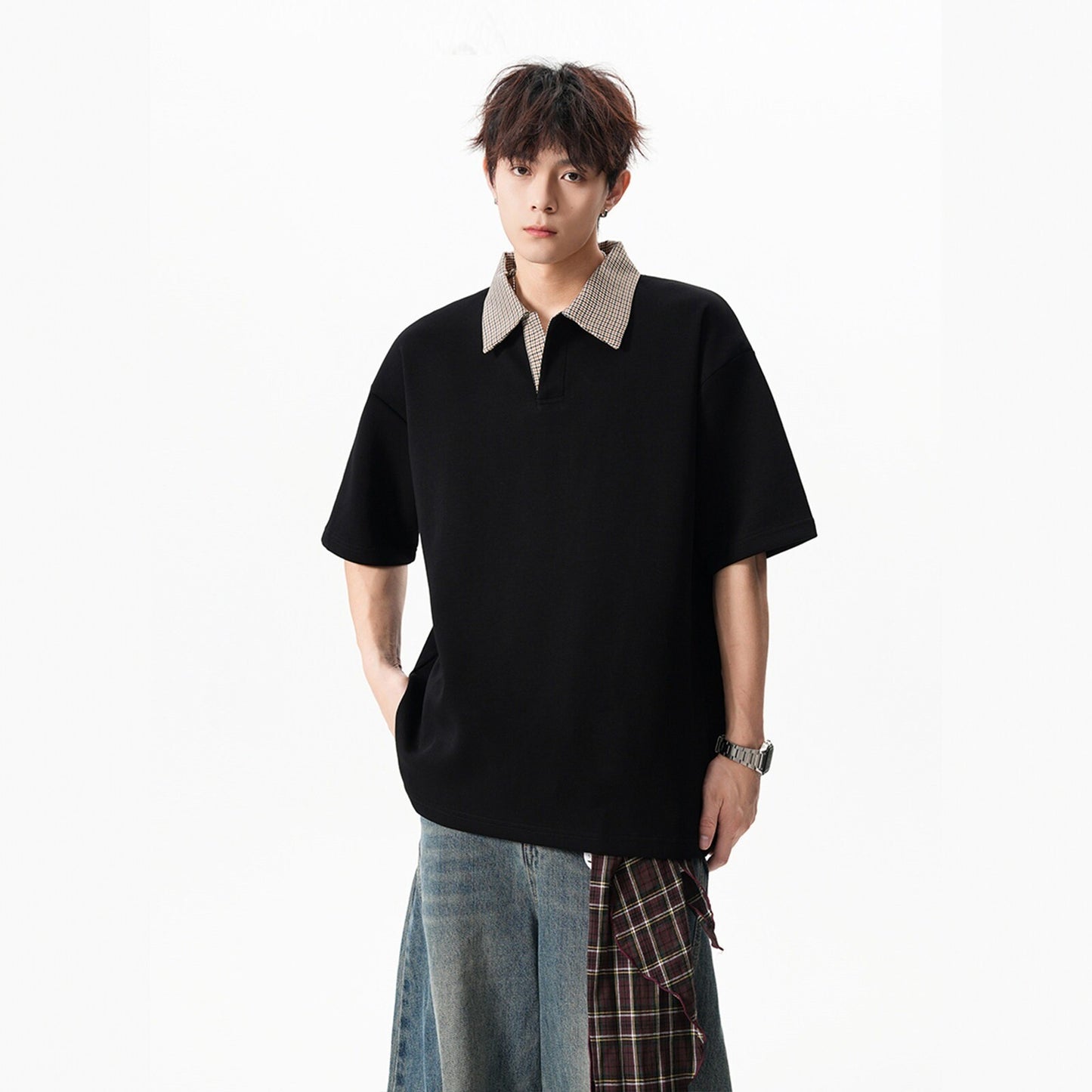 Loose-fit Lapel Short-sleeve Contrast-color Casual Top For Men