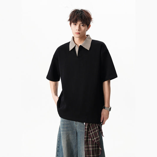 Loose-fit Lapel Short-sleeve Contrast-color Casual Top For Men