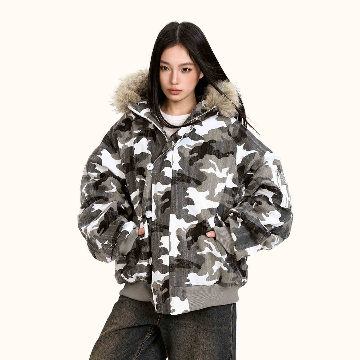 Løs Retro Camouflage Splejsning Pels Krave Bomuldsforet Jakke