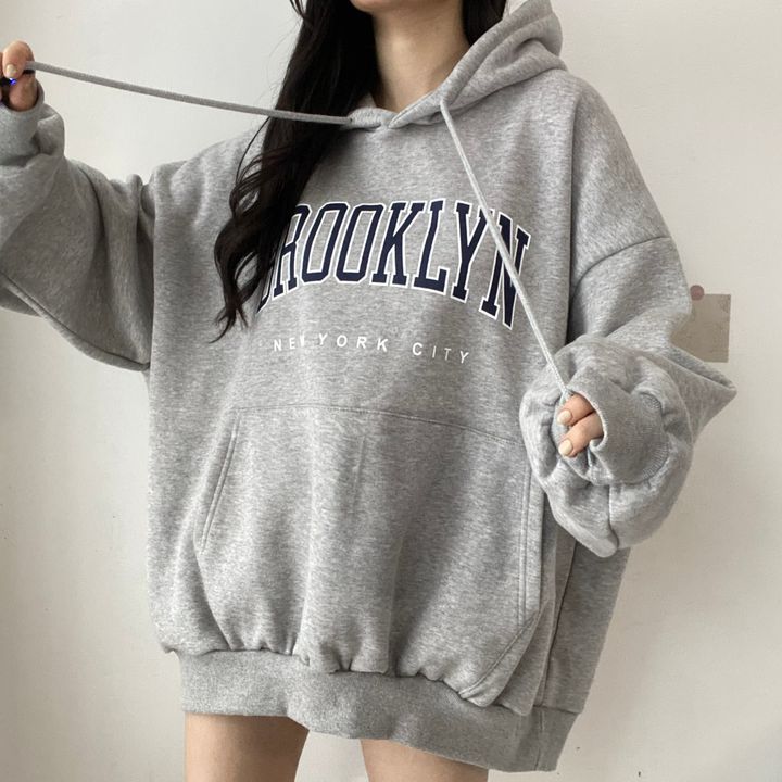 Sweater til damer, mellemlang, med bogstavprint, hætte, løs pasform