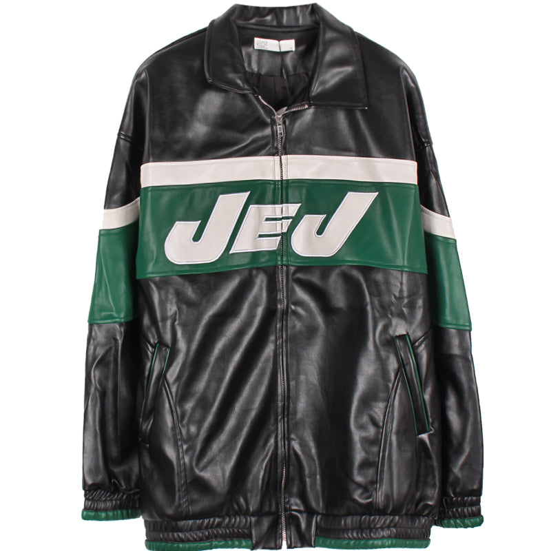 American Retro Black Stitching Letter Leather Jacket