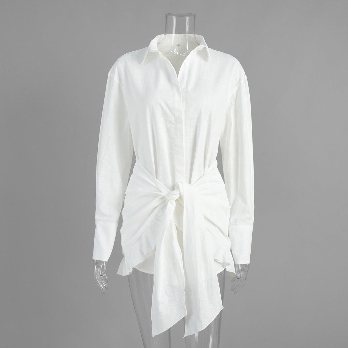 Laid-back Solid-color Belted Wrap Shirt Dress For A Relaxing Getaway