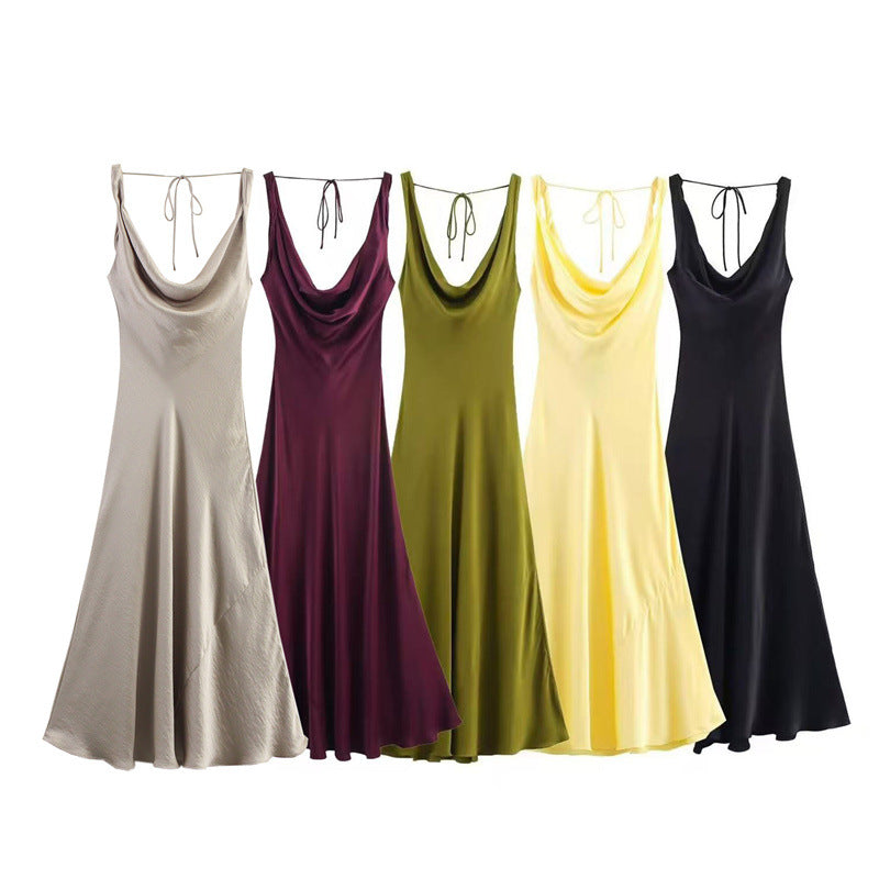 European And American-style Silk-satin Slip Dress With A Designer Aesthetic