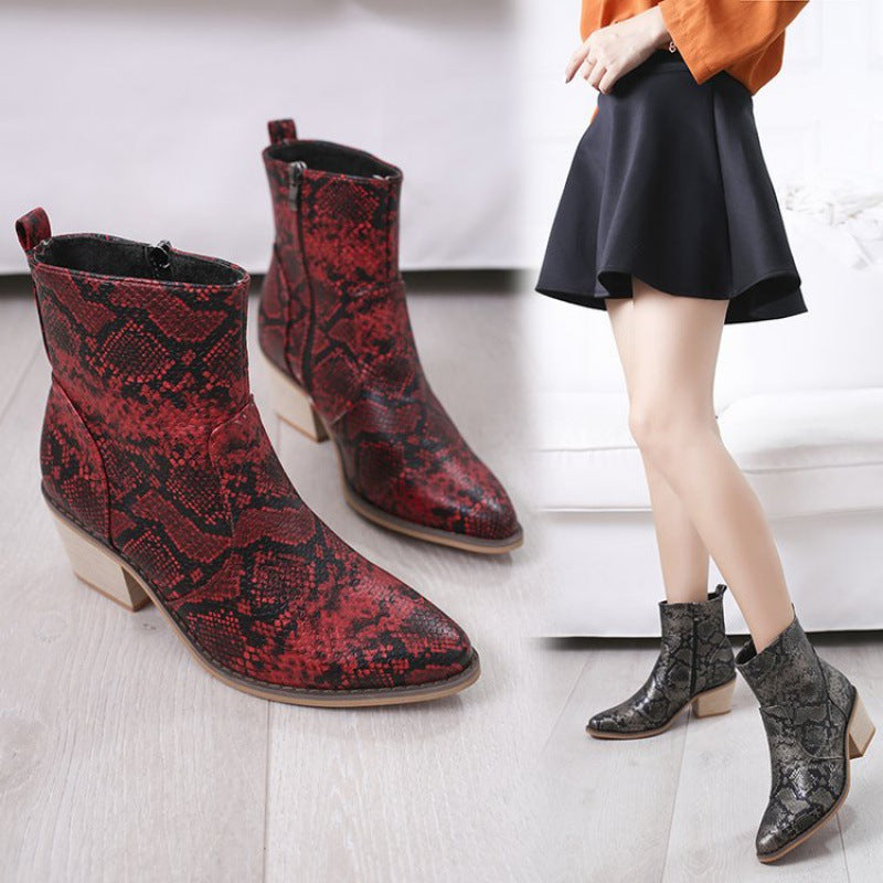 Snake Print Square Toe Thick Heel Sexy Short Boots With Side Zipper