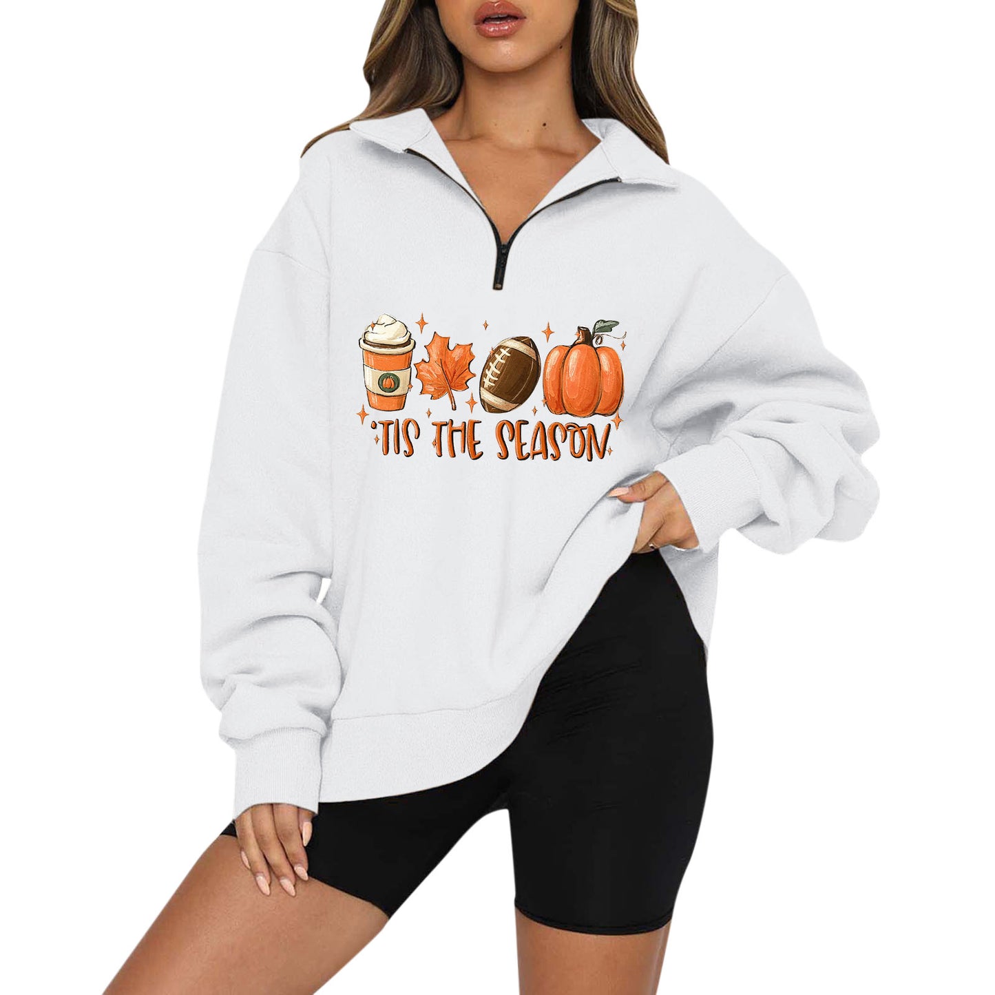 Halloween Pumpkin Print Casual Zipper Sweatshirt