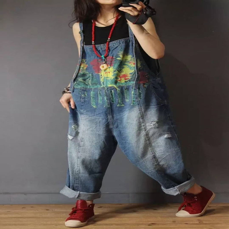 Women's Spring And Summer New Retro Print Denim Overalls