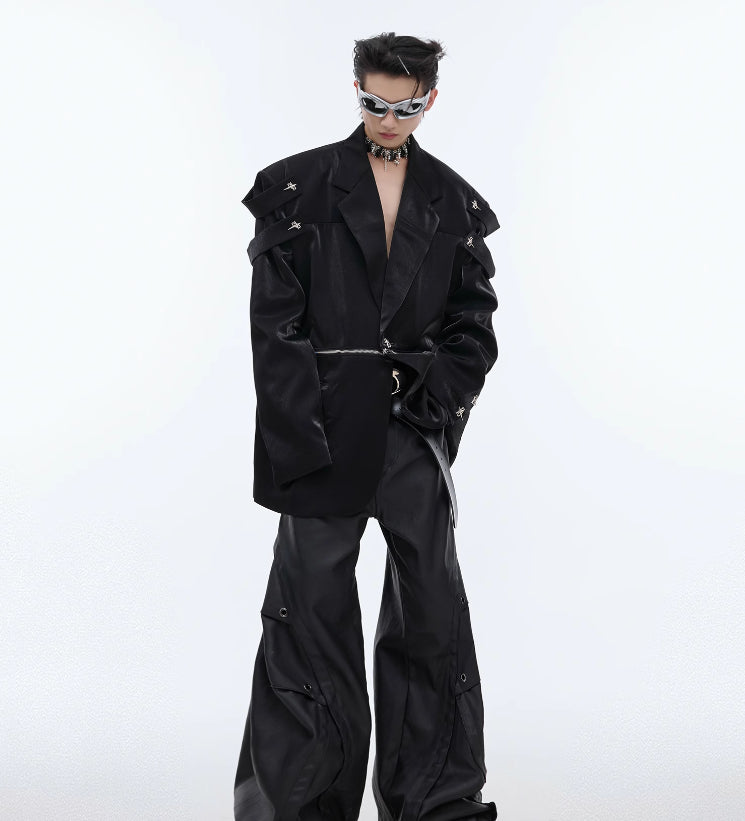 Heavy Niche Liquid Glossy Profile Padded Shoulder Suit Jacket