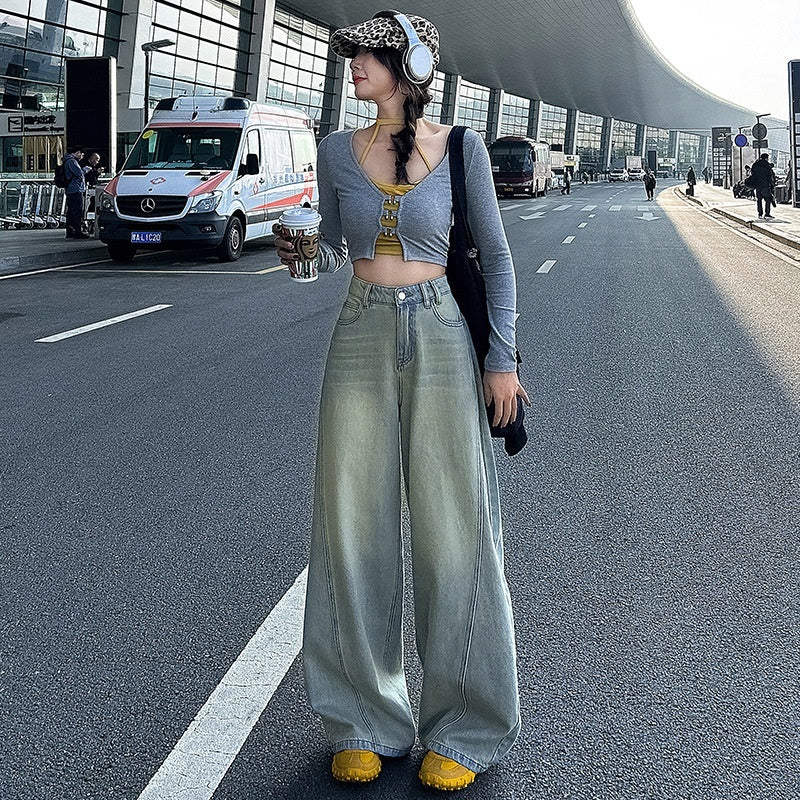 Dame amerikansk-inspirerede retro high street-jeans med brede ben