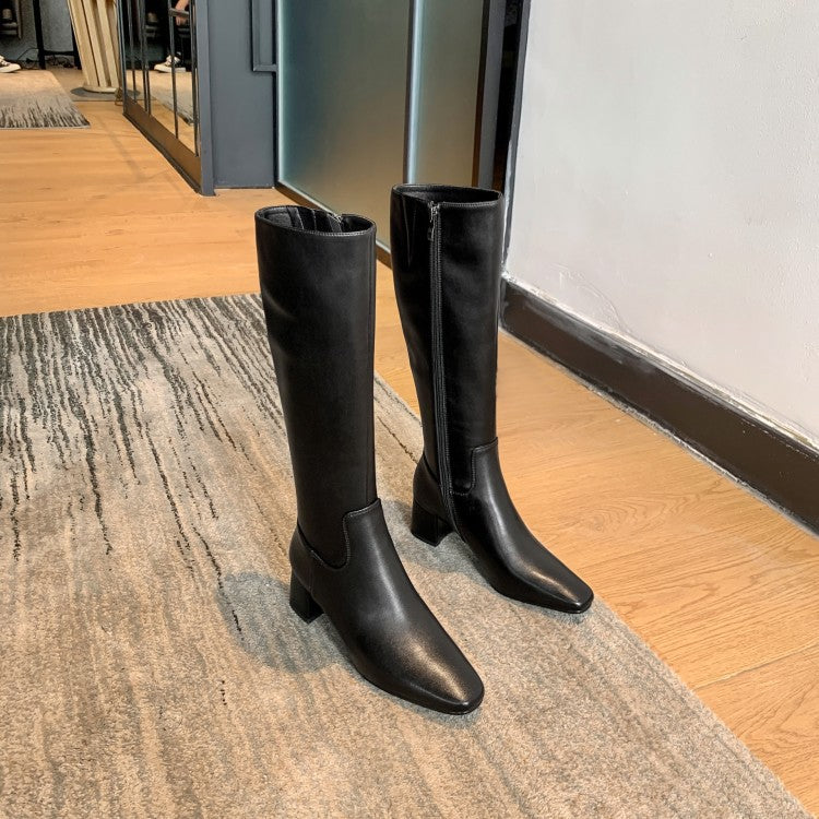 Block Heel Square Toe Side Zipper Boots Cowhide Mid-heel