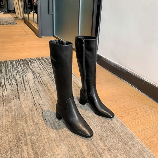 Block Heel Square Toe Side Zipper Boots Cowhide Mid-heel