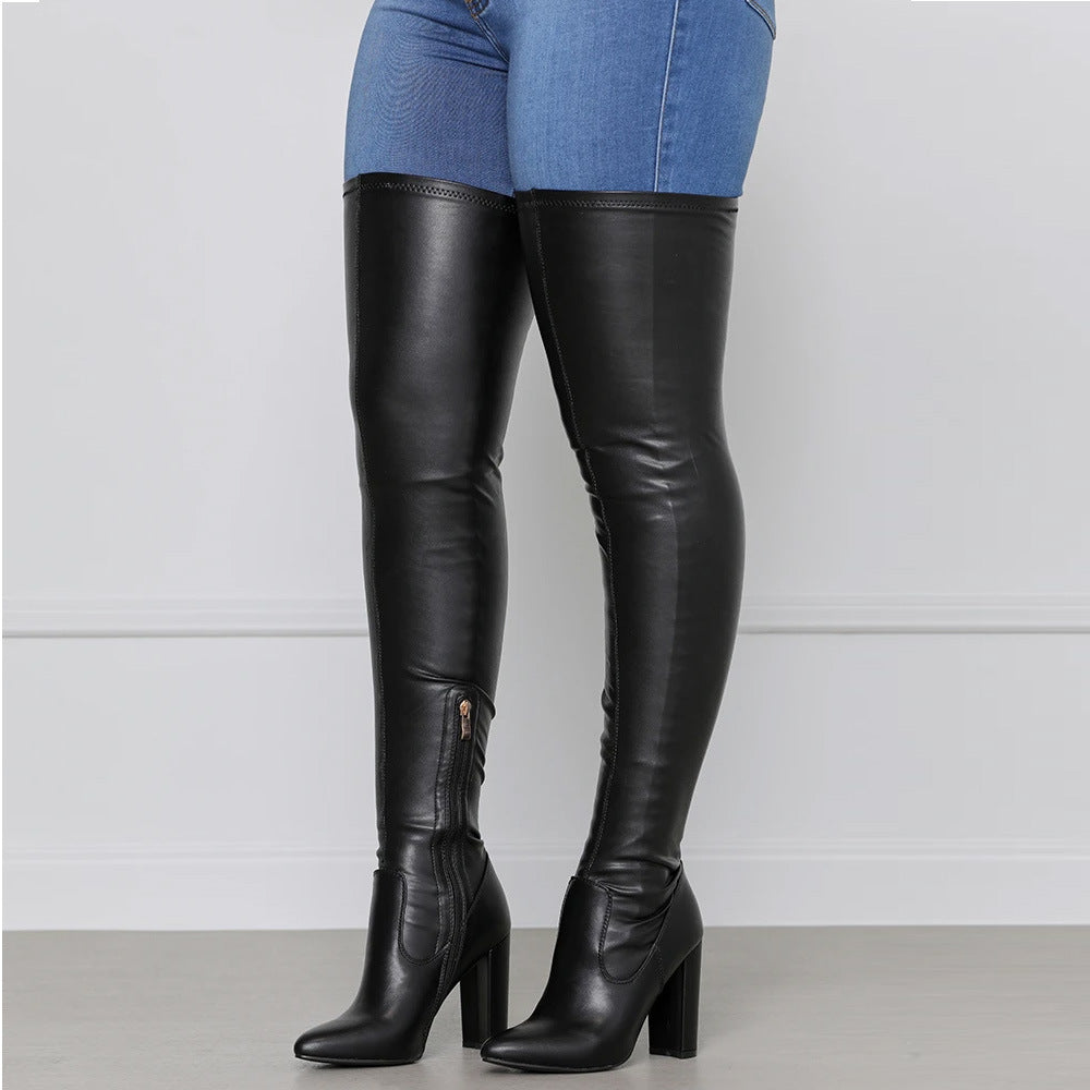 Pointed Side Zipper High Block Heel Over-the-knee Boots