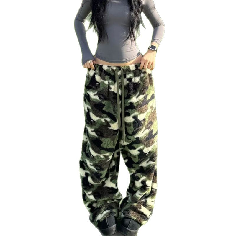 Amerikansk Camo Jacquard Retro Efterår-vinter Lammeuld Termo Løse Brede Ben Fritidsbukser