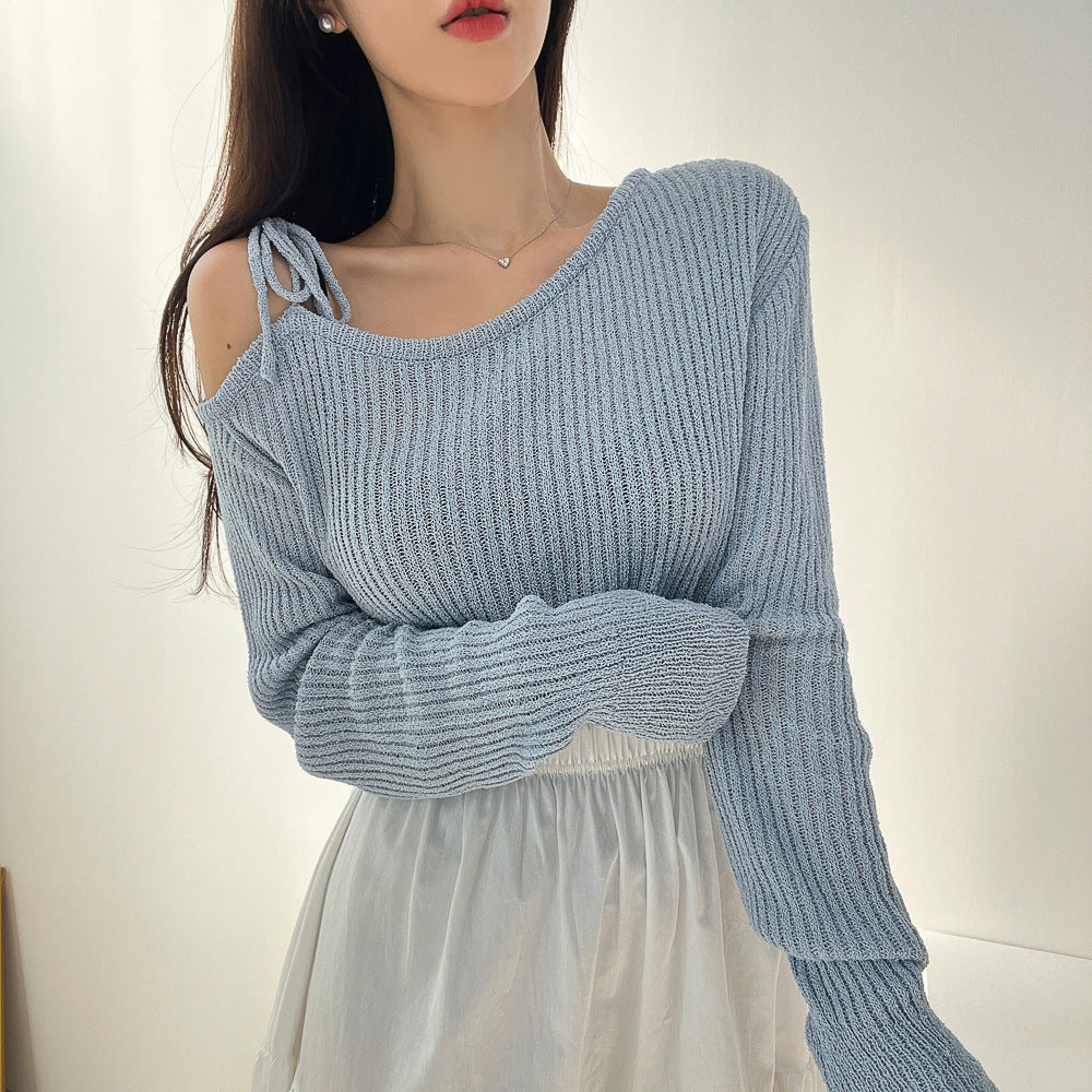 Lace-up Design Sunken Stripe Long-sleeved Sweater Women's Top