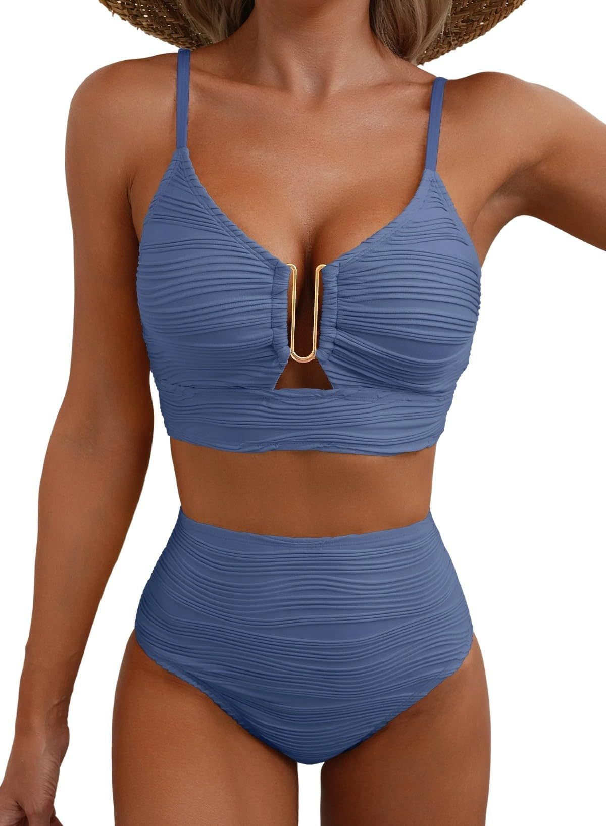 New V-neck Hollow-out Bikini With High-waisted Textured Ruffle Detailing