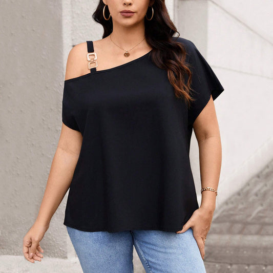 Temperament Single Shoulder Button T-shirt Solid Color Slimming Top