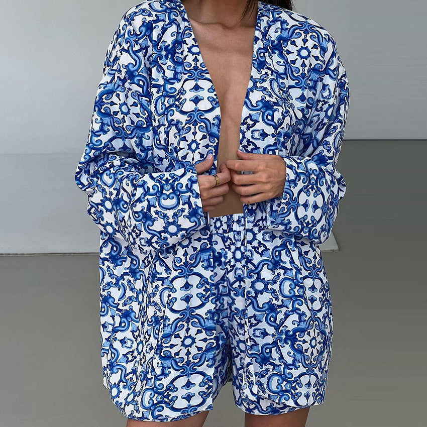 Printed Loose Cozy Long-Sleeve Shorts Pajama Set