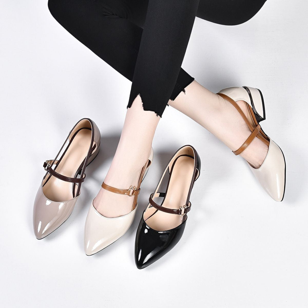 Women's Hollow Toe Block Heel Patent Leather Sandals