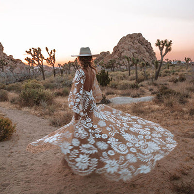 Mesh Embroidered Puff Sleeve Backless Dress Gown New Style