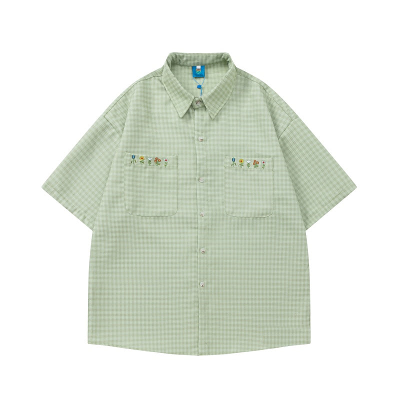 Plaid Embroidered Short-sleeved Loose All-match Couple Shirt