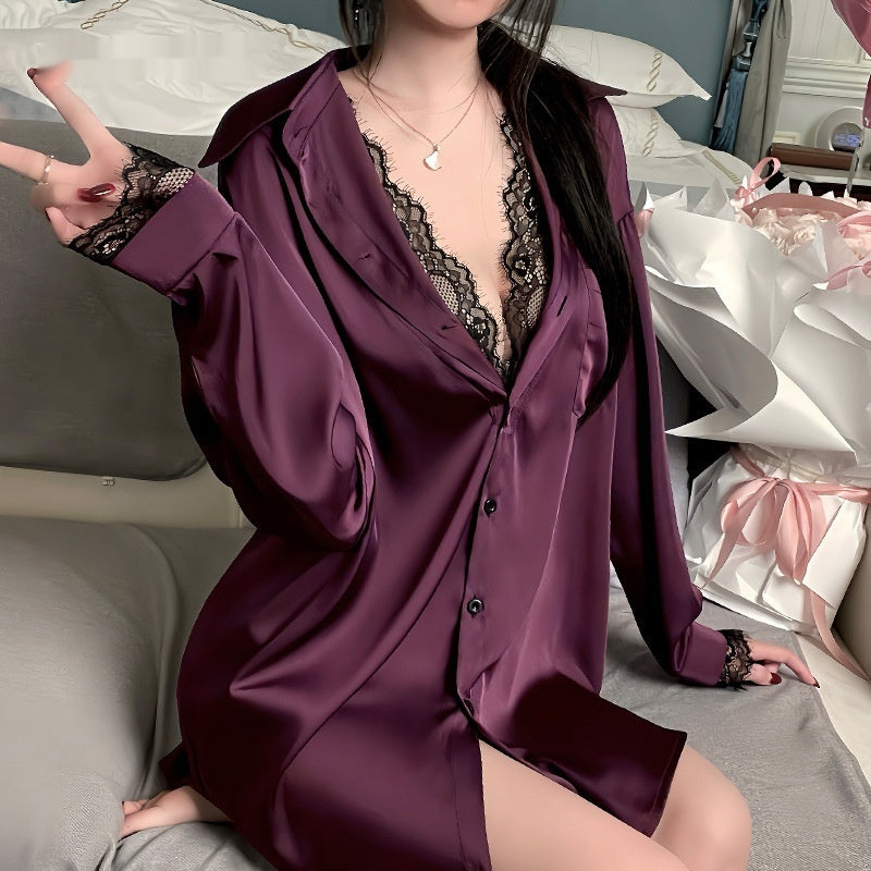 Ziqu Womens Plus-Size Lace Fake Two-Piece Pajama Set