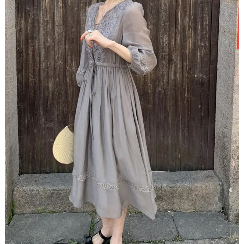 Lantern Sleeve Midskirt Embroidered Dress Summer