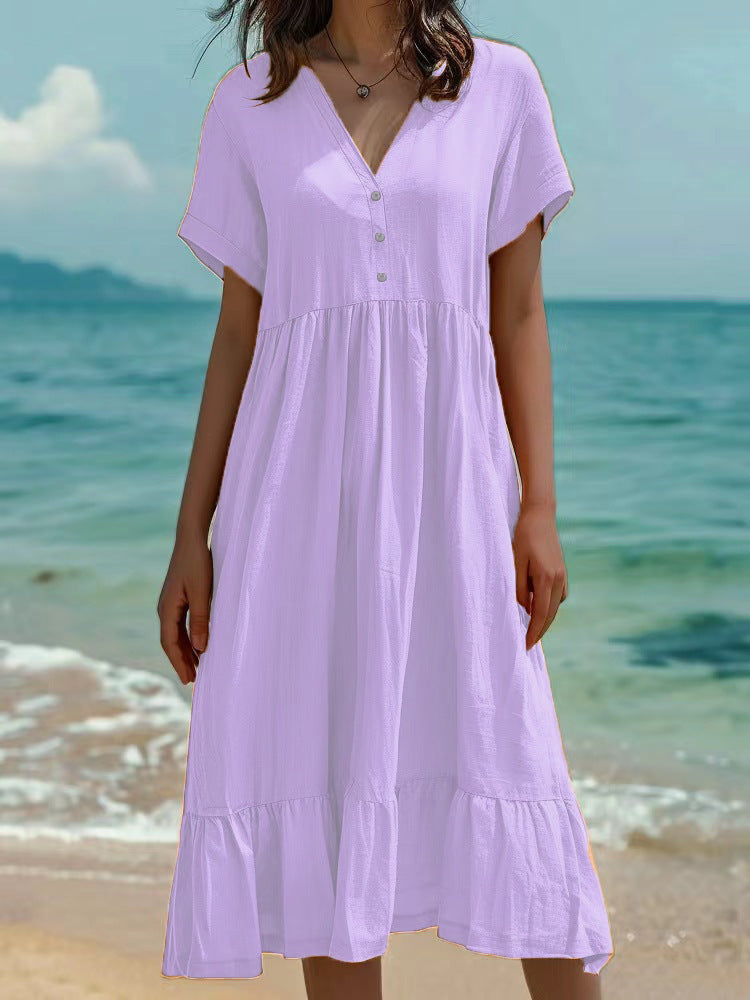 Solid-color Short-sleeve Fashionable Pleated Dress