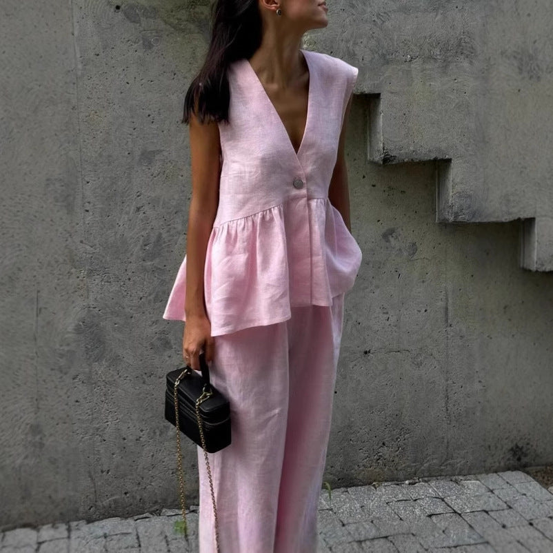 Womens Cotton V-Neck Sleeveless Vest And Wide-Leg Pants Set