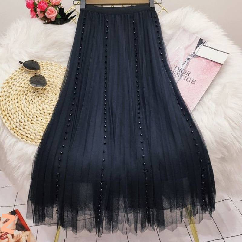 Pleated Mesh Skirt Women's Mid-length High Waist Long Skirt