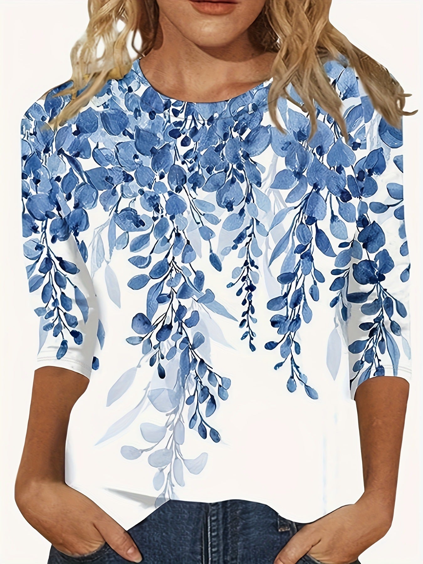 Europæisk og amerikansk blomsterprintet langærmet T-shirt med rund hals
