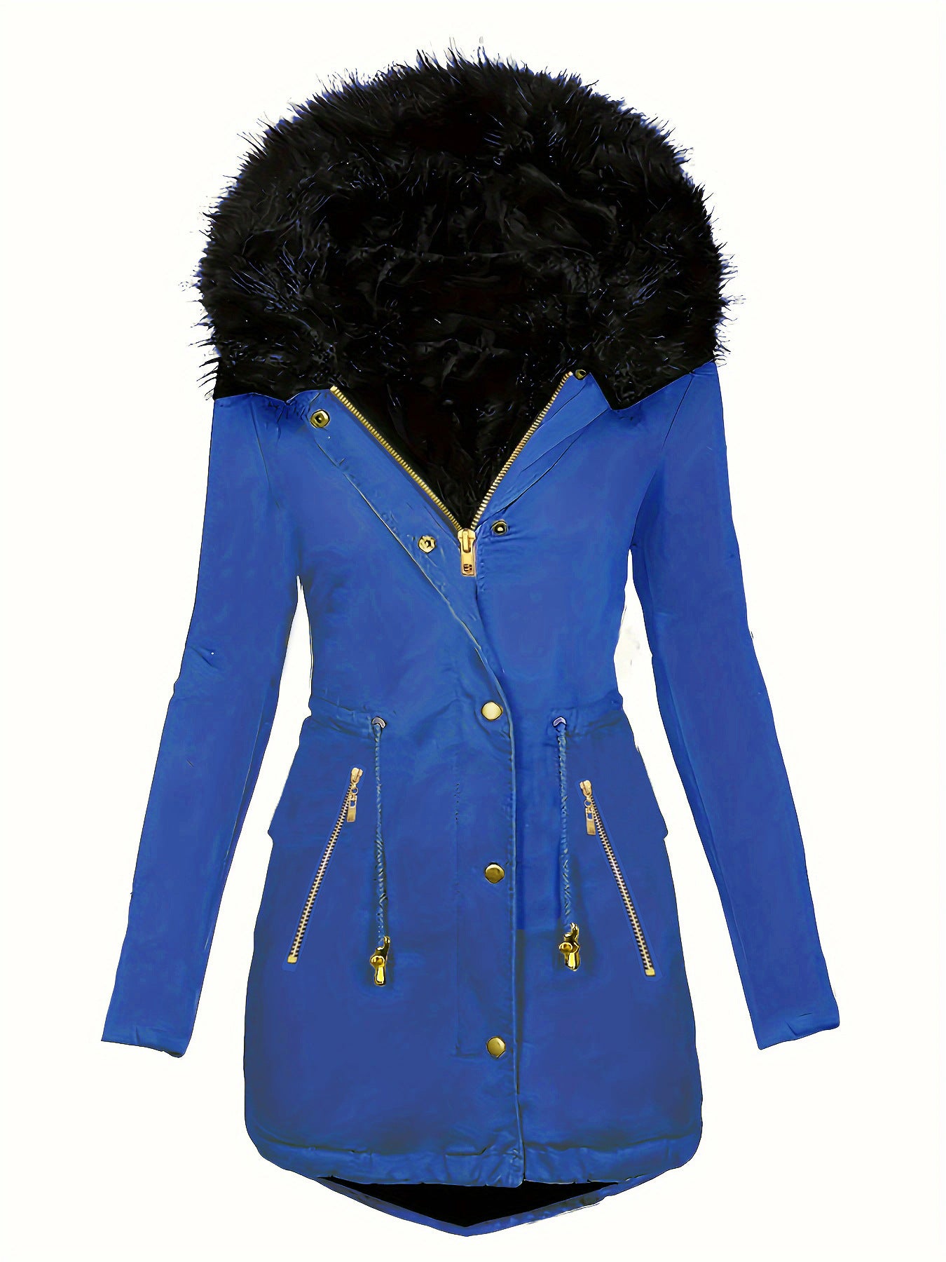 Zipper Faux Fur Decorative Hat Fur Coat Long Sleeve Oblique