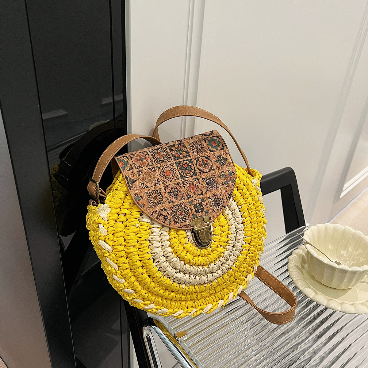 Seaside Holiday Small Crossbody Round Bag Round Cake Straw Bag
