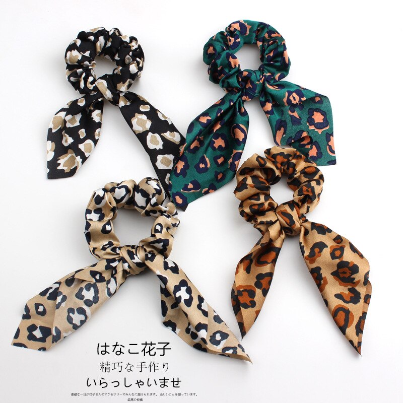 4 stk. Leopard Slange Blomster Streamers Scrunchies Hår Tørklæde til Kvinder