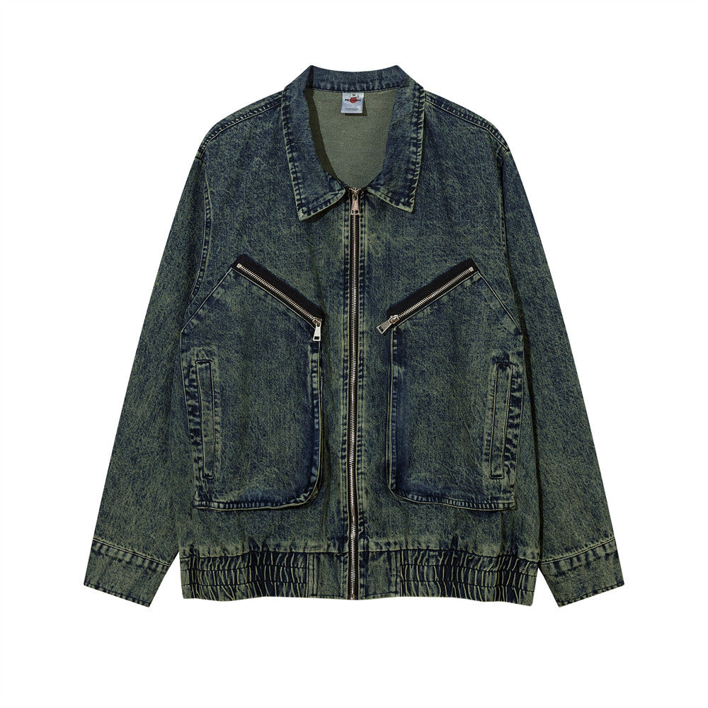 Tie-dye Gradient Denimjakke til Mænd med Store Lommer
