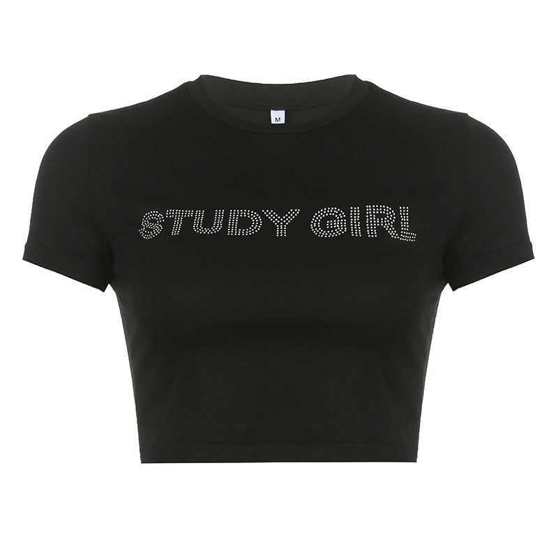 New European And American Cropped Navel Tight Letter Print T-shirt