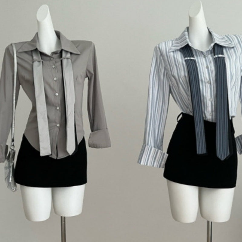 Preppy Style Double Tie Bell Sleeve Lapel Shirt