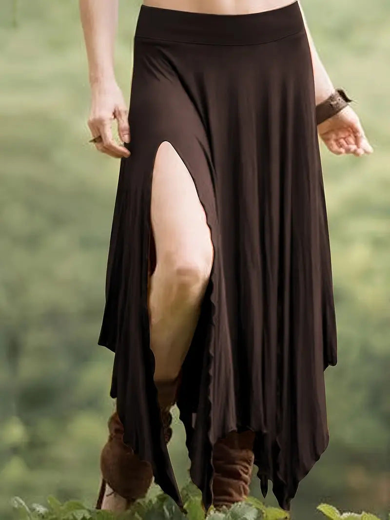 Womens Solid-Color Irregular Elastic-Waist Skirt