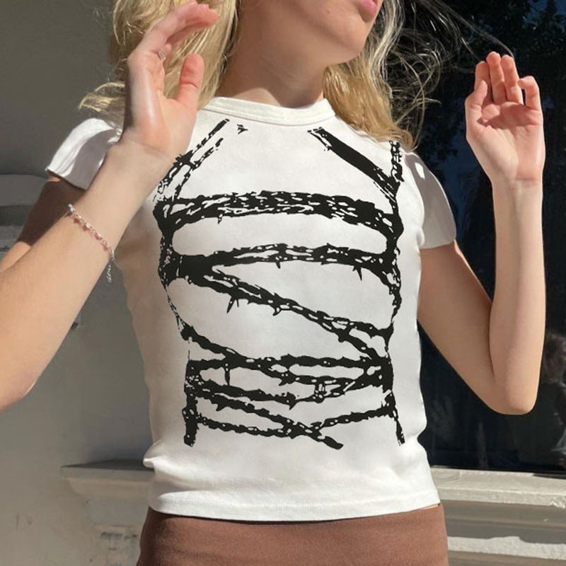 Basic Contrast Abstract Print Short Sleeve Slim Fit T-Shirt
