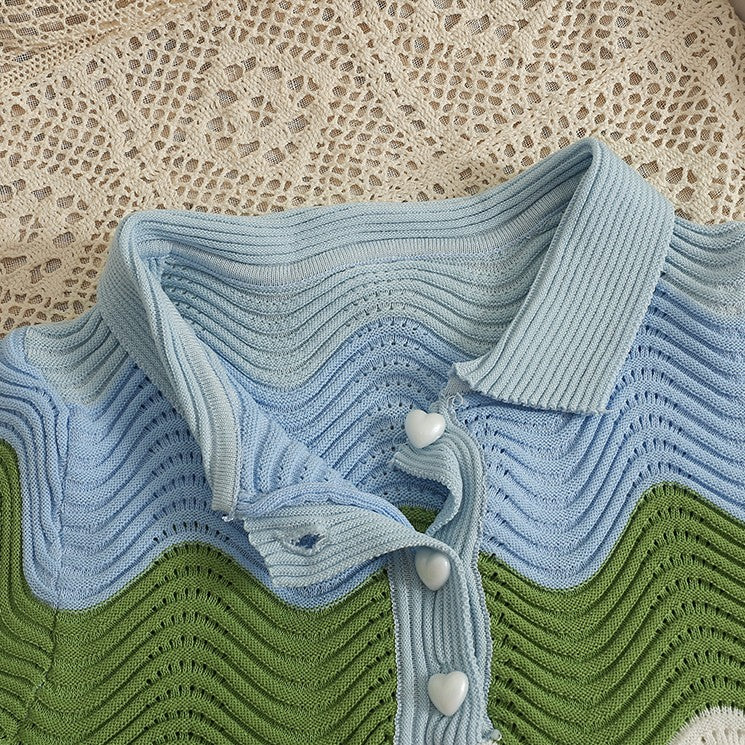 Contrast Splice Wave Edge Short Sleeve Knitted T-shirt Women