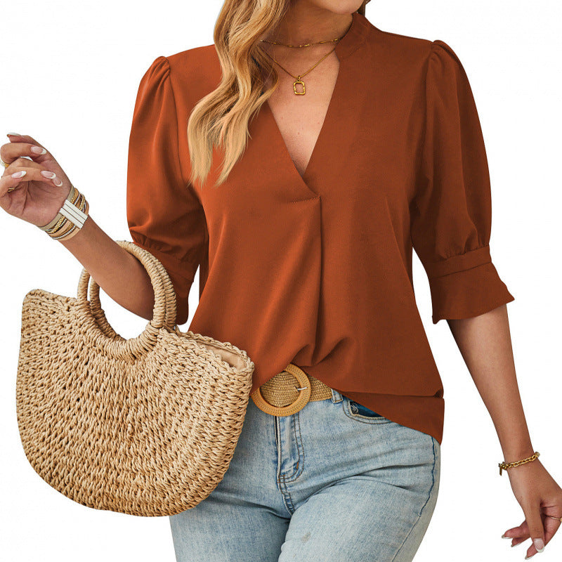 V-neck Mid-sleeve Comfortable Breathable Casual Top