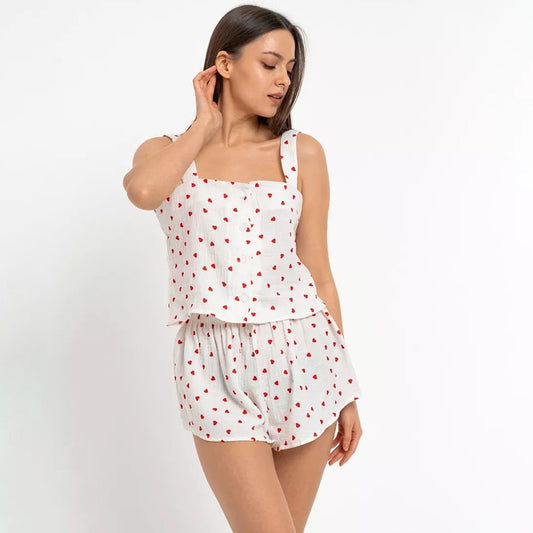 100 Cotton Designer Square-Neck Cami Top And Shorts Set With Heart Print Two-Piece Outfit