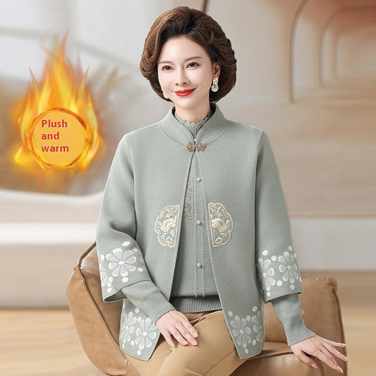 Middle-aged And Elderly Women's Knitting Sweater Cardigan Autumn And Winter Two-piece Set