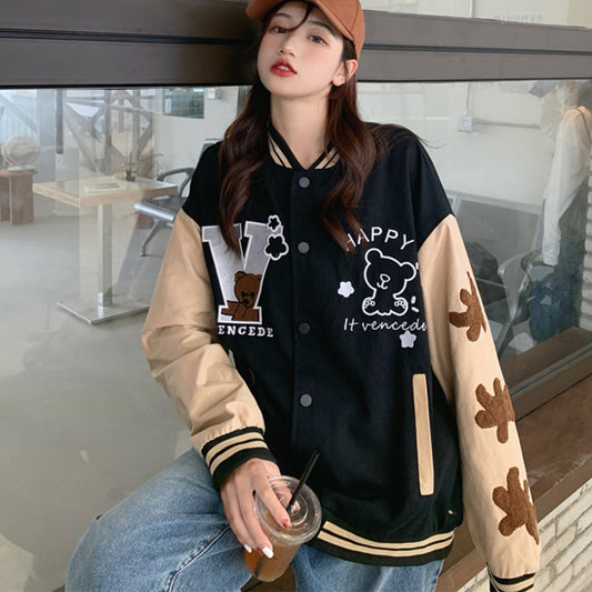 Giacca autunnale alla moda con ricamo orso, stile baseball