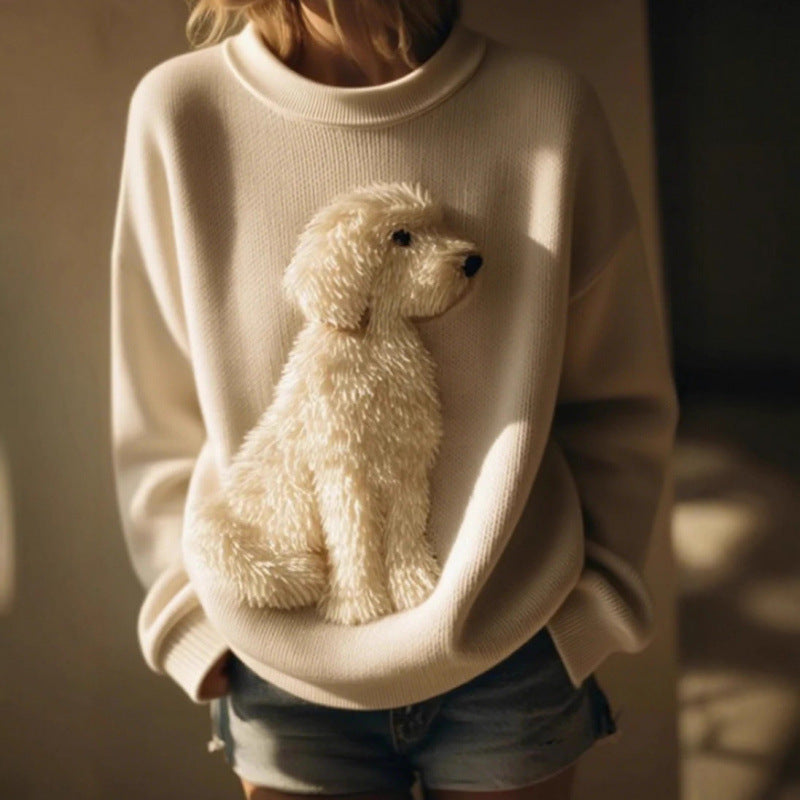 Womens Printed Crew-Neck Chunky-Knit Faux Sweater