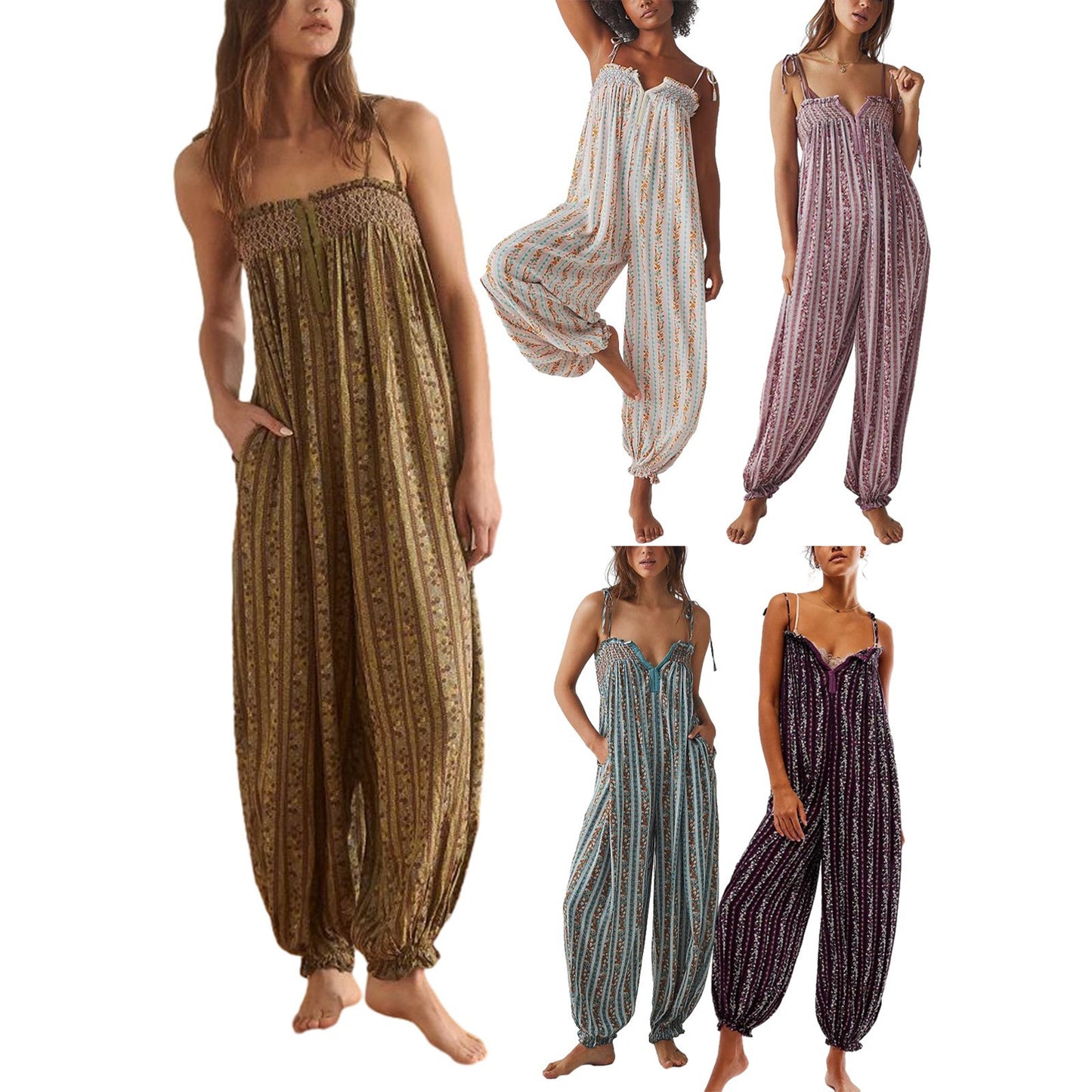 Womens Printed Loose-Fit Figure-Flattering Jumpsuit Pants