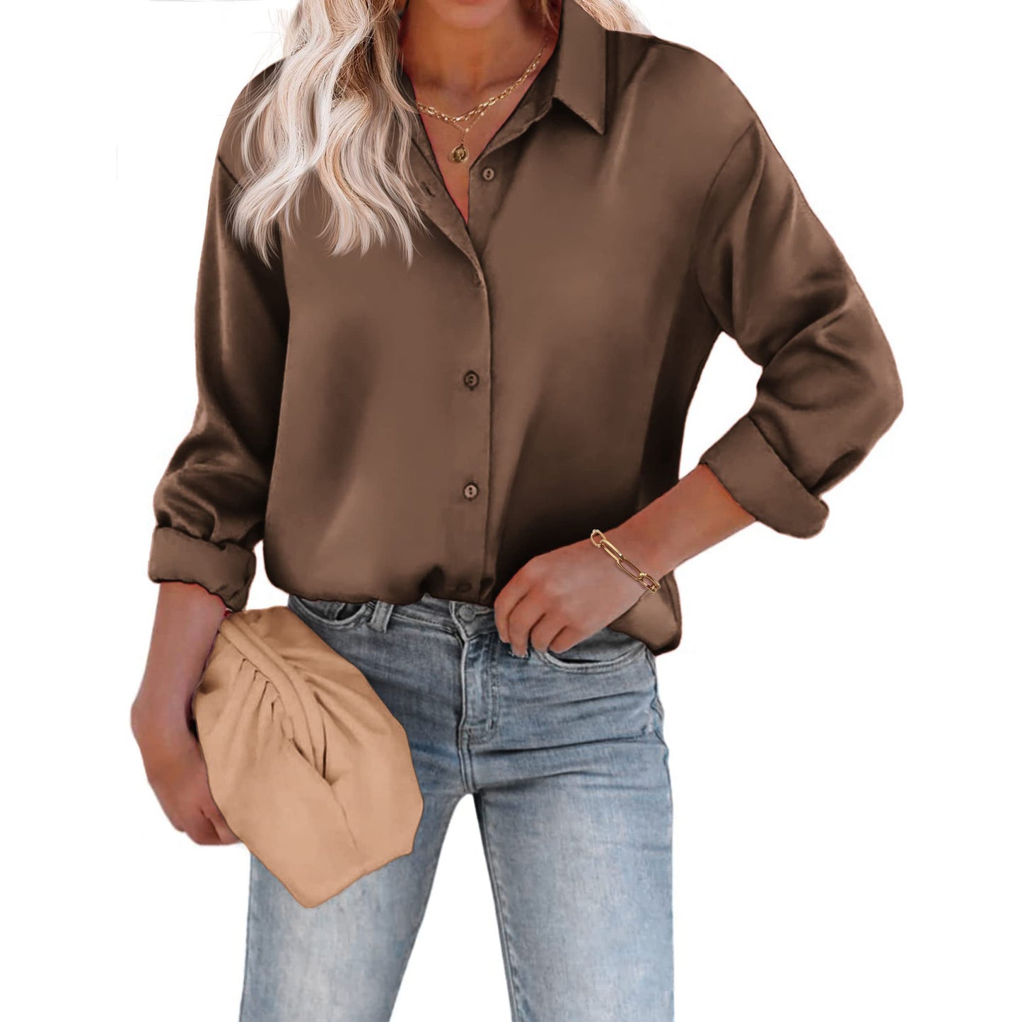 Women's Satin Silk Button Shirt European And American Leisure Loose Long Sleeve Satin Top