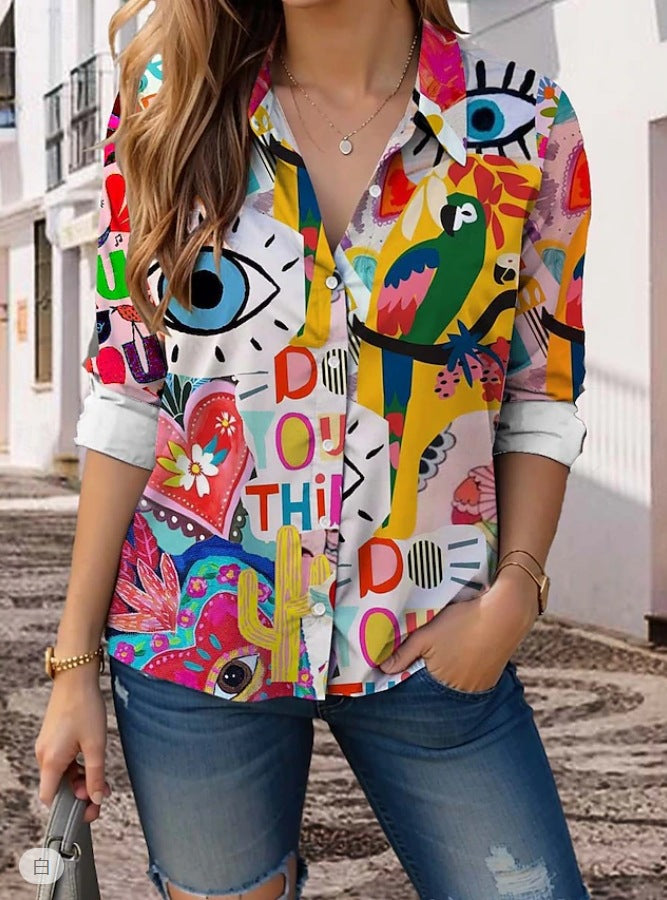 Womens Printed Lapel Long-Sleeve Shirt Top