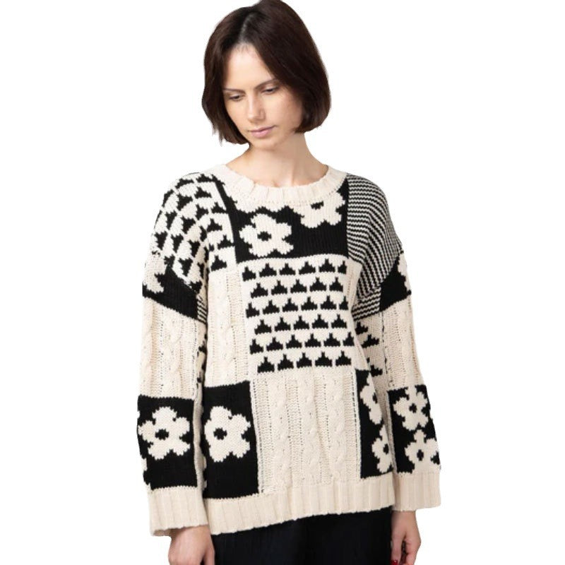 Square Flower Casual Loose Round Neck Pullover Sweater