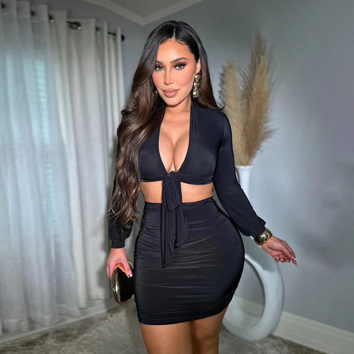 Feminine Long-sleeve Top And Sheath Skirt Short Skirt Two-piece Set