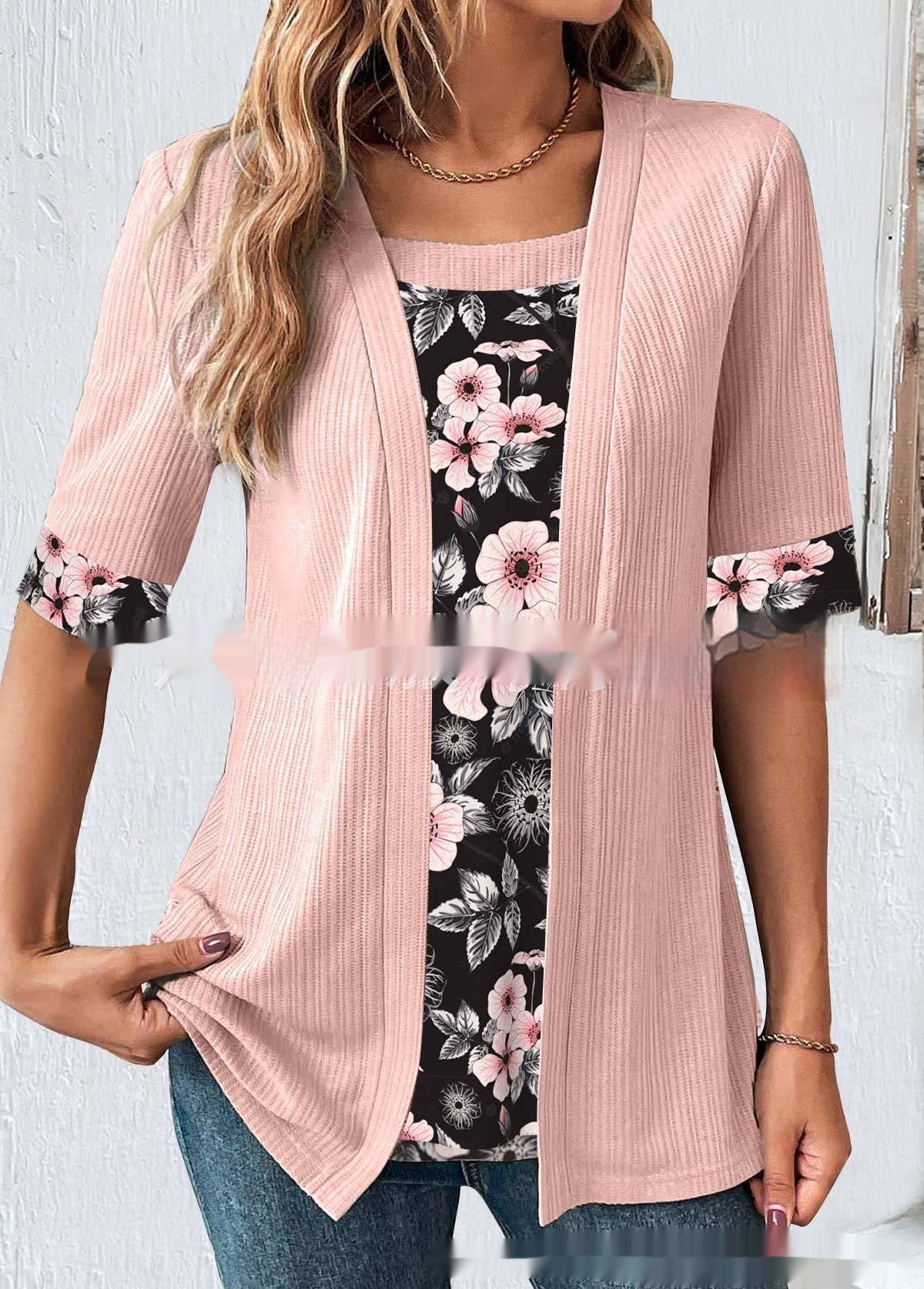 Women's Fake Two Pieces Short Sleeve Printed Top T-shirt